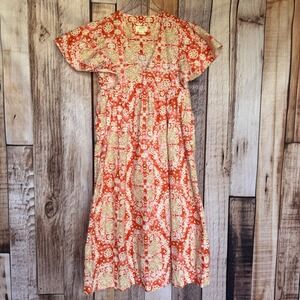 Maeve Dress Anthropologie Boho Cotton Midi Dress Orange Floral Flutter Sleeve XS